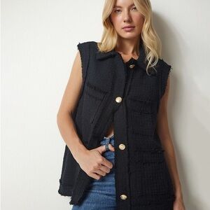 Zara Black Textured Vest with Gold Buttons